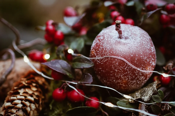 ein roter Apfel liegt in Mitten von roten Beeren Tannenzapfen und beleuchtet von einer Lichterkette